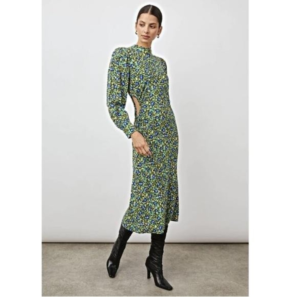 Rails Carmel Dress Womens Petite XXS Black Floral Cutout Long‎ Sleeve Midi